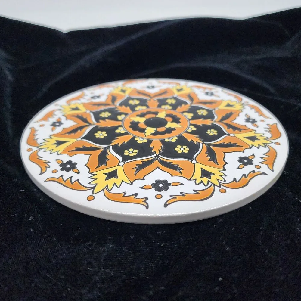 Handmade Greek Ceramic Tile By Nassos Keramik Vibrant Orange & Yellow Floral BOH